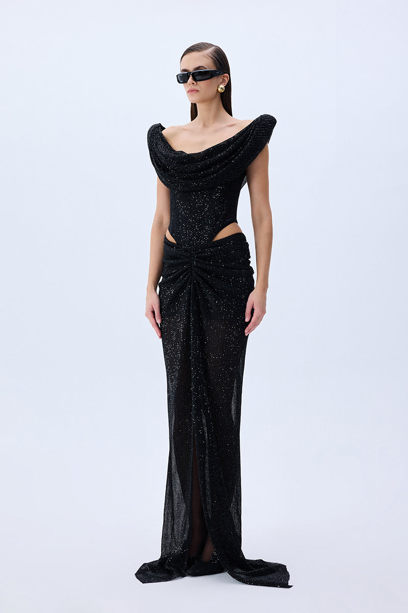 Black Sequined Tulle Cowl Neckline Corseted Sculptural Dress