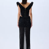 Black Sequined Tulle Cowl Neckline Corseted Sculptural Dress
