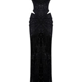 Black Sequined Tulle Cowl Neckline Corseted Sculptural Dress