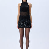 Black Halter Neck Sequined Tulle Mini Dress With Patent Feathers And Black Crystals