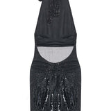 Black Halter Neck Sequined Tulle Mini Dress With Patent Feathers And Black Crystals