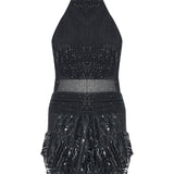 Black Halter Neck Sequined Tulle Mini Dress With Patent Feathers And Black Crystals