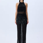 Black Halter Neck Sequined Tulle Maxi Dress With Patent Feathers And Black Crystals