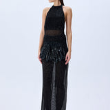 Black Halter Neck Sequined Tulle Maxi Dress With Patent Feathers And Black Crystals