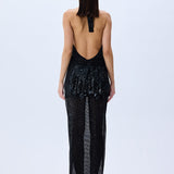 Black Halter Neck Sequined Tulle Maxi Dress With Patent Feathers And Black Crystals