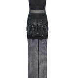 Black Halter Neck Sequined Tulle Maxi Dress With Patent Feathers And Black Crystals