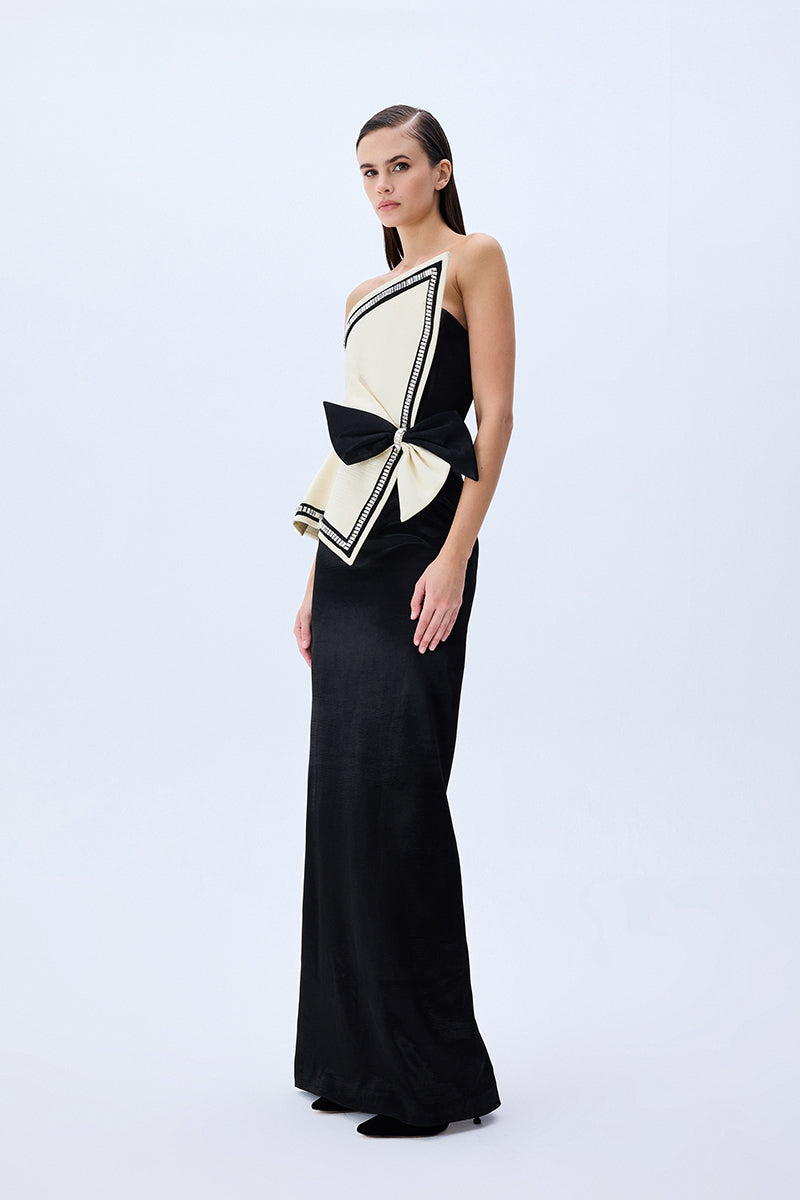 Cream Shantung Corseted Black Satin Dress With Crystal Border