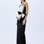 Cream Shantung Corseted Black Satin Dress With Crystal Border