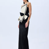 Cream Shantung Corseted Black Satin Dress With Crystal Border