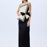 Cream Shantung Corseted Black Satin Dress With Crystal Border
