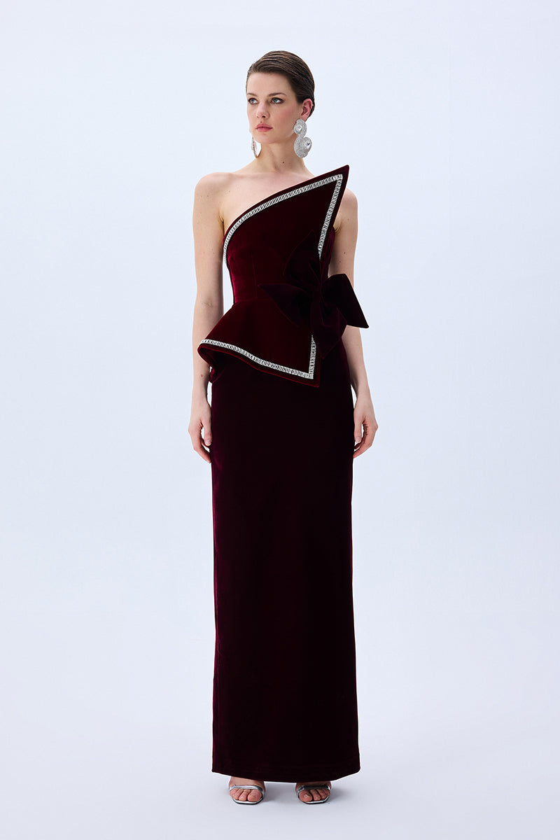 Burgundy Silk Velvet Corseted Architectural Dress With Crystal Border