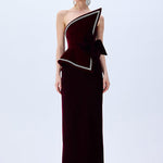 Burgundy Silk Velvet Corseted Architectural Dress With Crystal Border