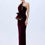 Burgundy Silk Velvet Corseted Architectural Dress With Crystal Border