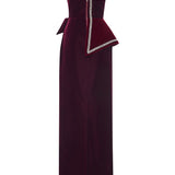 Burgundy Silk Velvet Corseted Architectural Dress With Crystal Border