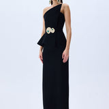 Black Crepe Corseted Architectural Midi Dress With Crystal Belt