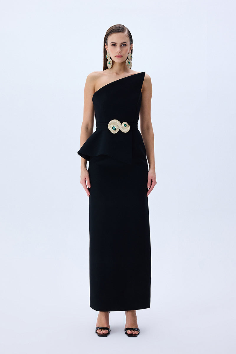 Black Crepe Corseted Architectural Midi Dress With Crystal Belt