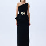 Black Crepe Corseted Architectural Midi Dress With Crystal Belt