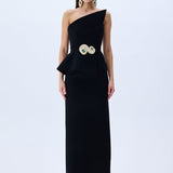 Black Crepe Corseted Architectural Midi Dress With Crystal Belt