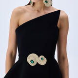 Black Crepe Corseted Architectural Midi Dress With Crystal Belt