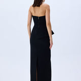 Black Crepe Corseted Architectural Midi Dress With Crystal Belt