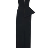 Black Crepe Corseted Architectural Midi Dress With Crystal Belt