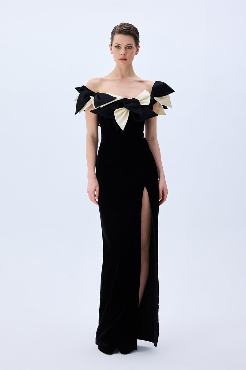 Black Satin Dress With Bow Detail