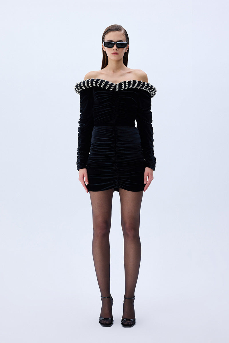 Black Crepe Mini Dress With Crystal Rope Bustline