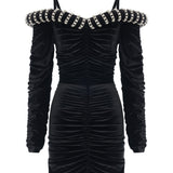 Black Crepe Mini Dress With Crystal Rope Bustline