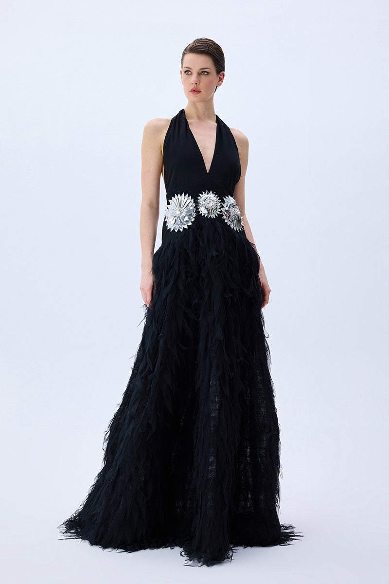 Black Maxi Dress With Laser Cut Chiffon Skirt And Patent Flower Detail