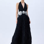 Black Maxi Dress With Laser Cut Chiffon Skirt And Patent Flower Detail