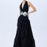 Black Maxi Dress With Laser Cut Chiffon Skirt And Patent Flower Detail