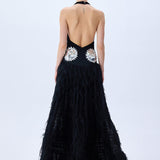 Black Maxi Dress With Laser Cut Chiffon Skirt And Patent Flower Detail