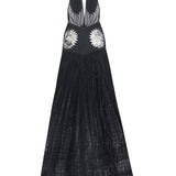 Black Maxi Dress With Laser Cut Chiffon Skirt And Patent Flower Detail