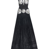 Black Maxi Dress With Laser Cut Chiffon Skirt And Patent Flower Detail