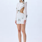 White Sequined Chiffon Cutout Mini Dress With Patent Flowers