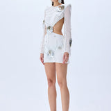 White Sequined Chiffon Cutout Mini Dress With Patent Flowers