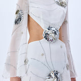 White Sequined Chiffon Cutout Mini Dress With Patent Flowers