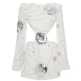 White Sequined Chiffon Cutout Mini Dress With Patent Flowers