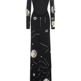 Black Sequined Jersey Maxi Dress With Patent Flowers And Big Shoulders