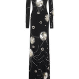 Black Sequined Jersey Maxi Dress With Patent Flowers And Big Shoulders