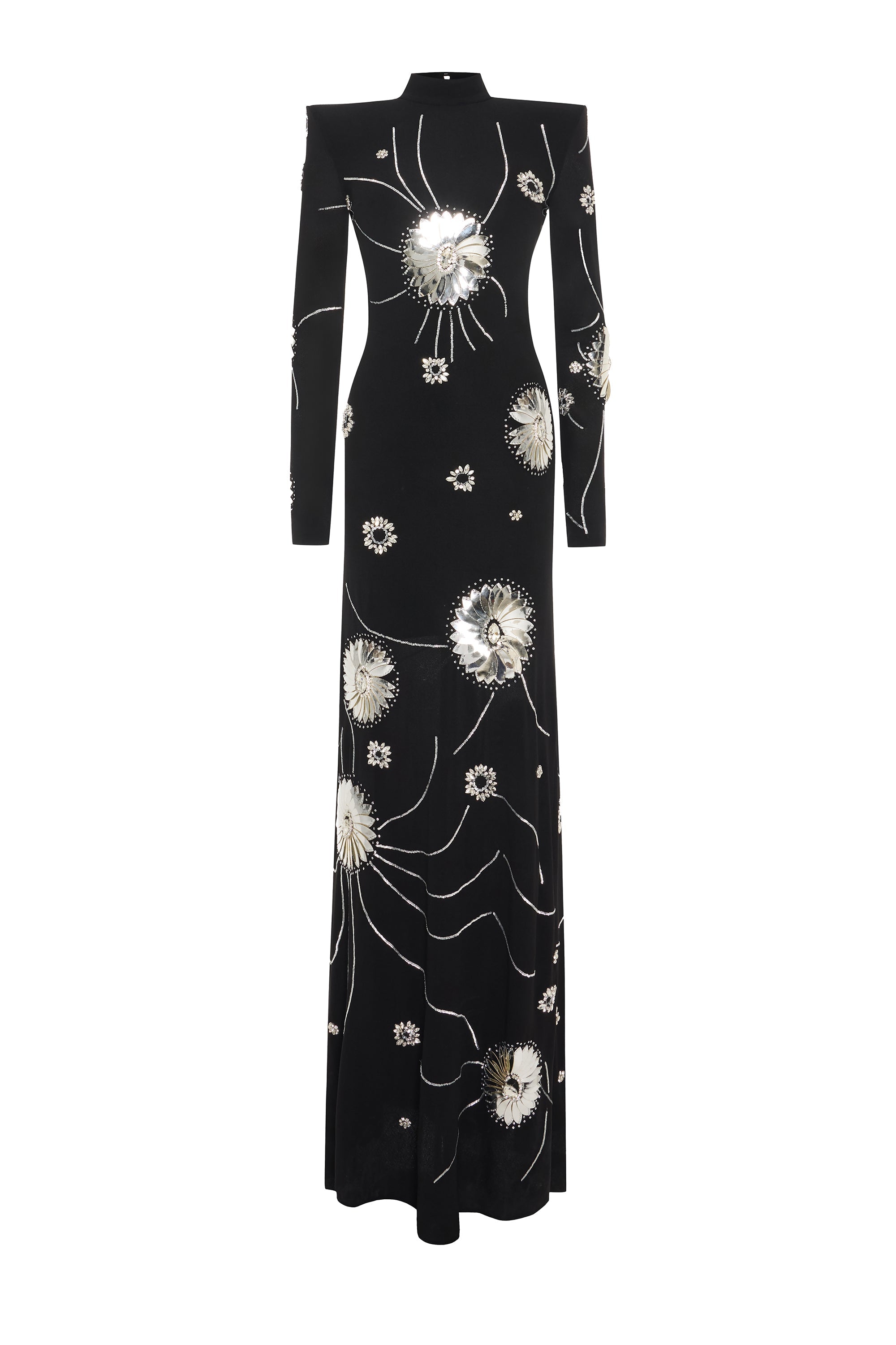 Black Sequined Jersey Maxi Dress With Patent Flowers And Big Shoulders