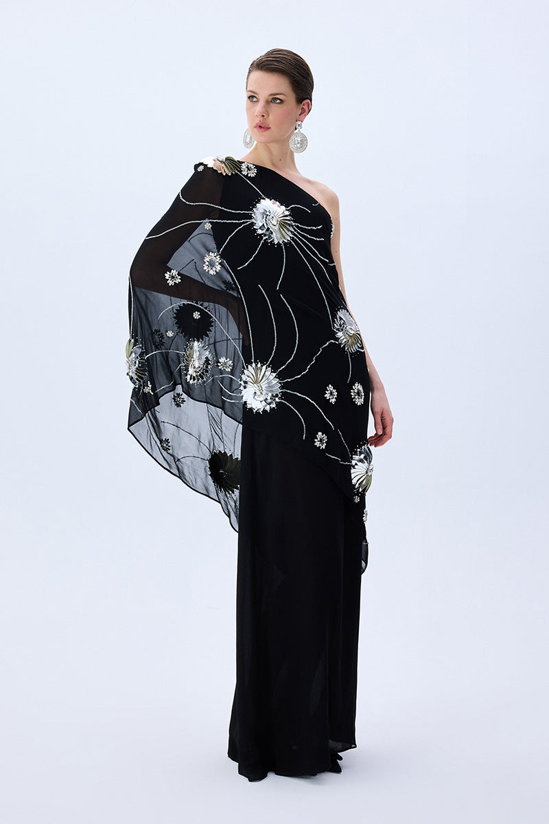 One Shouldered Black Sequined Chiffon Dress With Patent Flowers