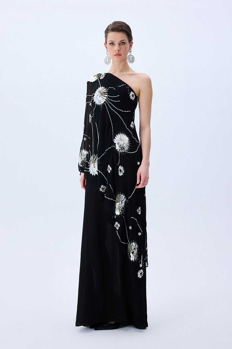 FW25-D-1023-Black-36 raisa_vanessa one-shouldered-black-sequined-chiffon-dress-with-patent-flowers