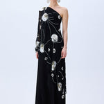 FW25-D-1023-Black-36 raisa_vanessa one-shouldered-black-sequined-chiffon-dress-with-patent-flowers