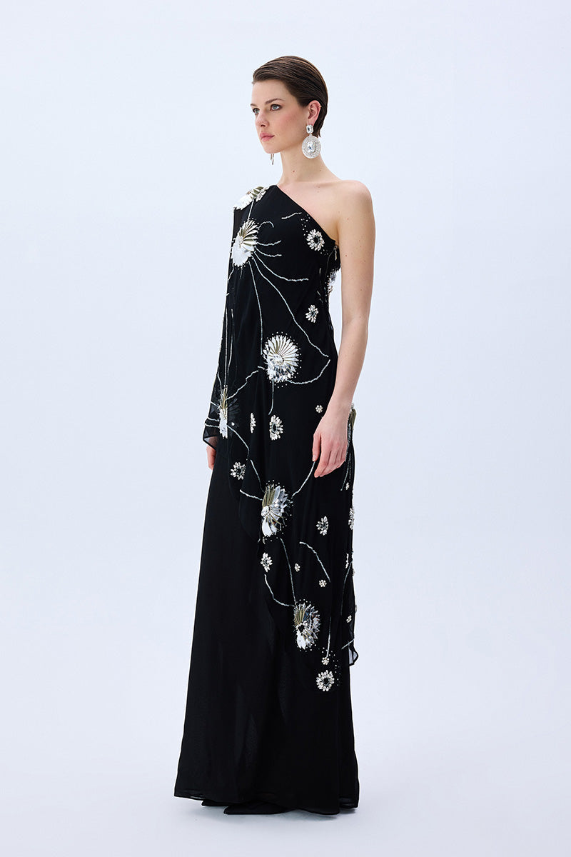 FW25-D-1023-Black-38 raisa_vanessa one-shouldered-black-sequined-chiffon-dress-with-patent-flowers