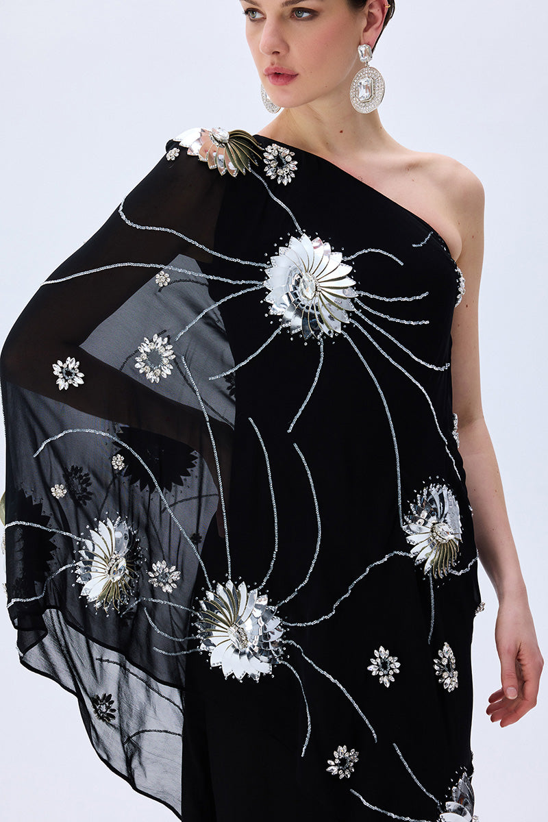 FW25-D-1023-Black-40 raisa_vanessa one-shouldered-black-sequined-chiffon-dress-with-patent-flowers