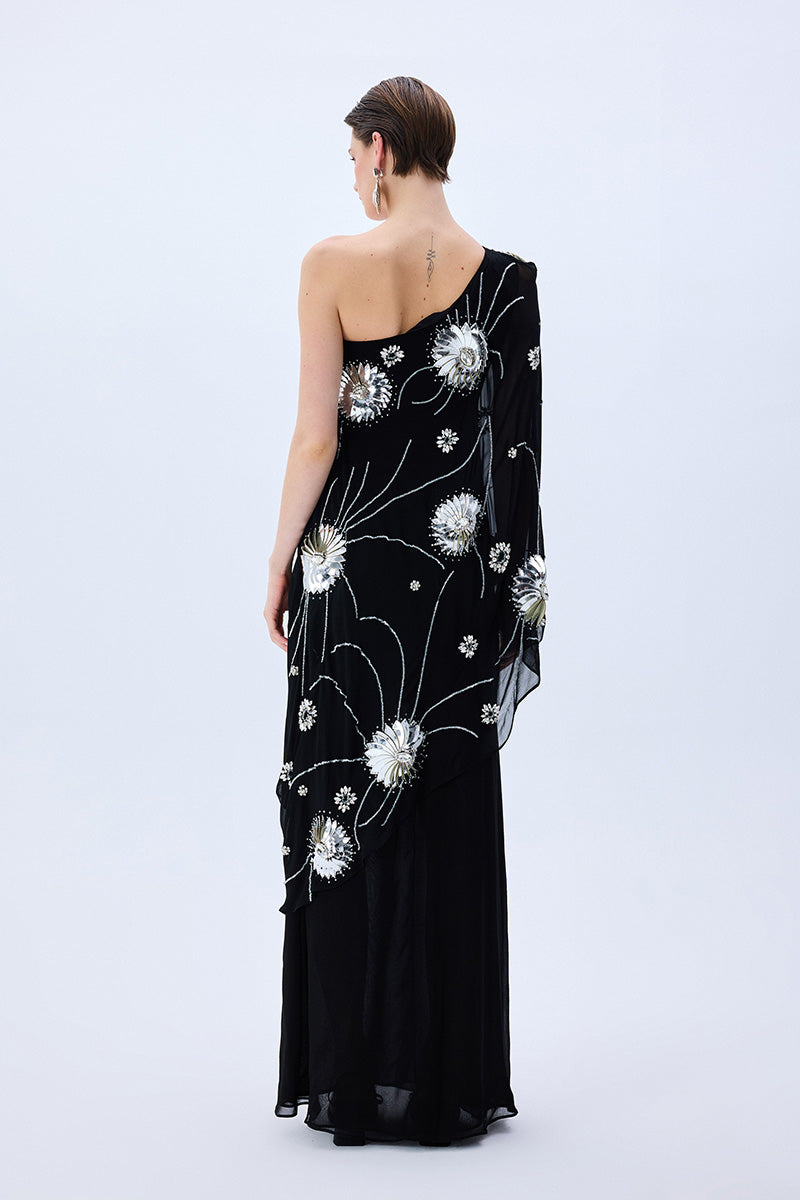 FW25-D-1023-Black-42 raisa_vanessa one-shouldered-black-sequined-chiffon-dress-with-patent-flowers