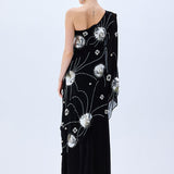 FW25-D-1023-Black-42 raisa_vanessa one-shouldered-black-sequined-chiffon-dress-with-patent-flowers