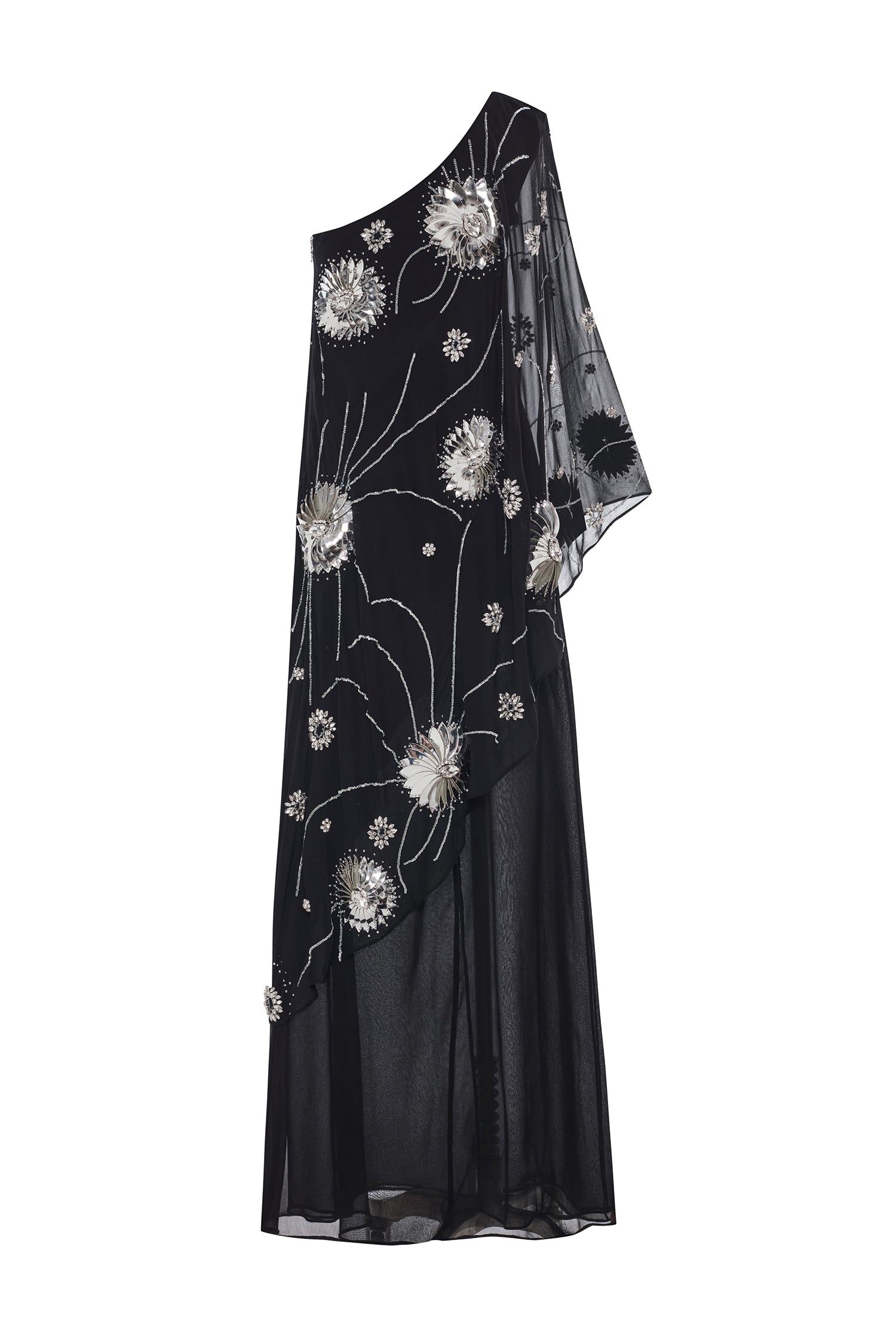 FW25-D-1023-Black-44 raisa_vanessa one-shouldered-black-sequined-chiffon-dress-with-patent-flowers