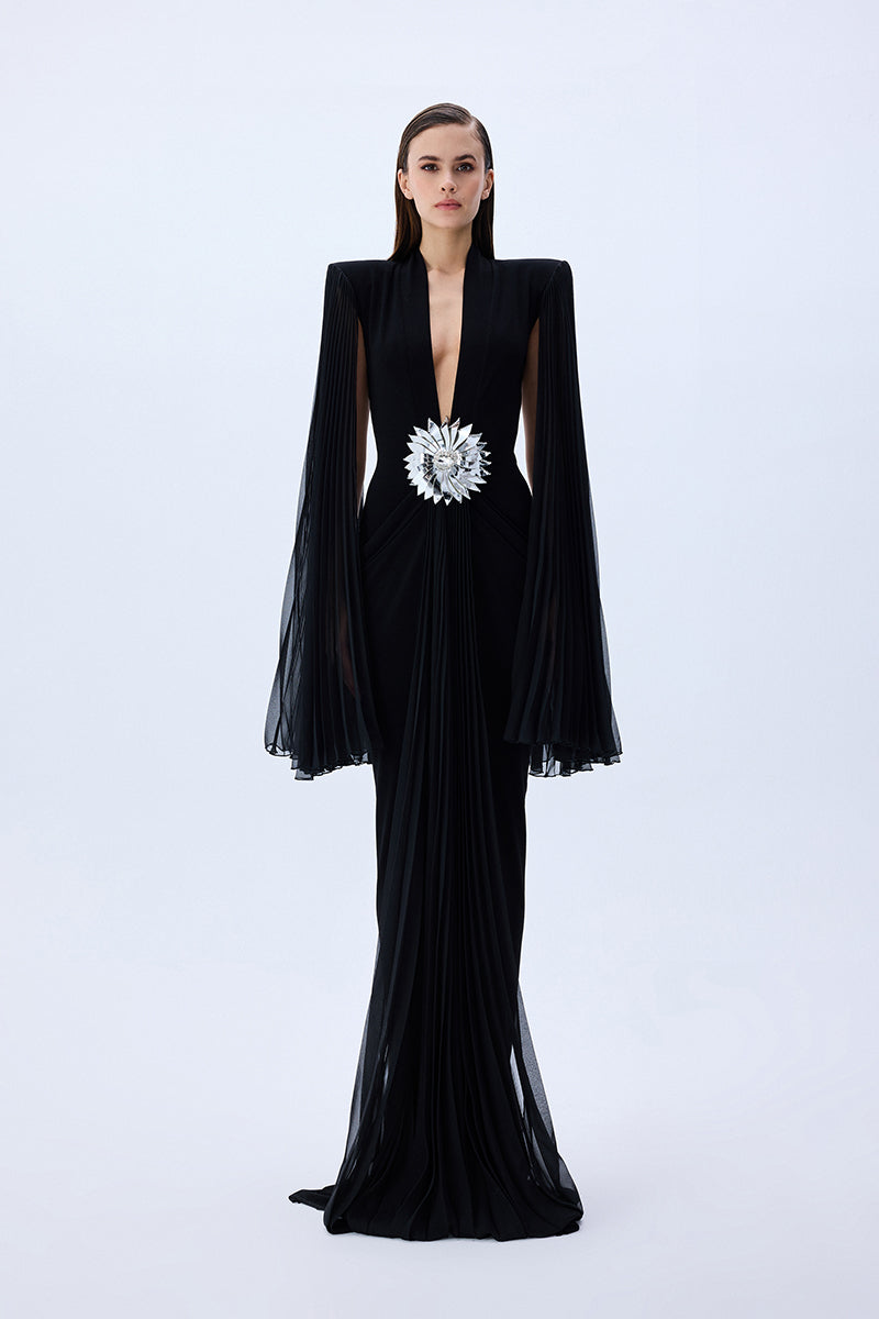 Black Jersey Dress With Patent Flower Belt Detail And Pleated Chiffon Sleeves